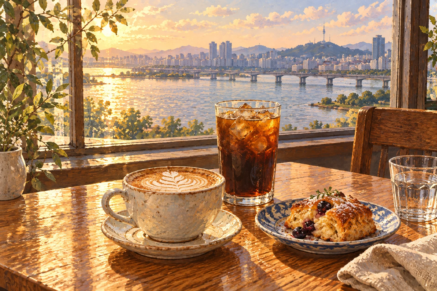 Painterly illustration of a cafe table with coffee and a pastry overlooking the sunlit Hangang and a bridge.