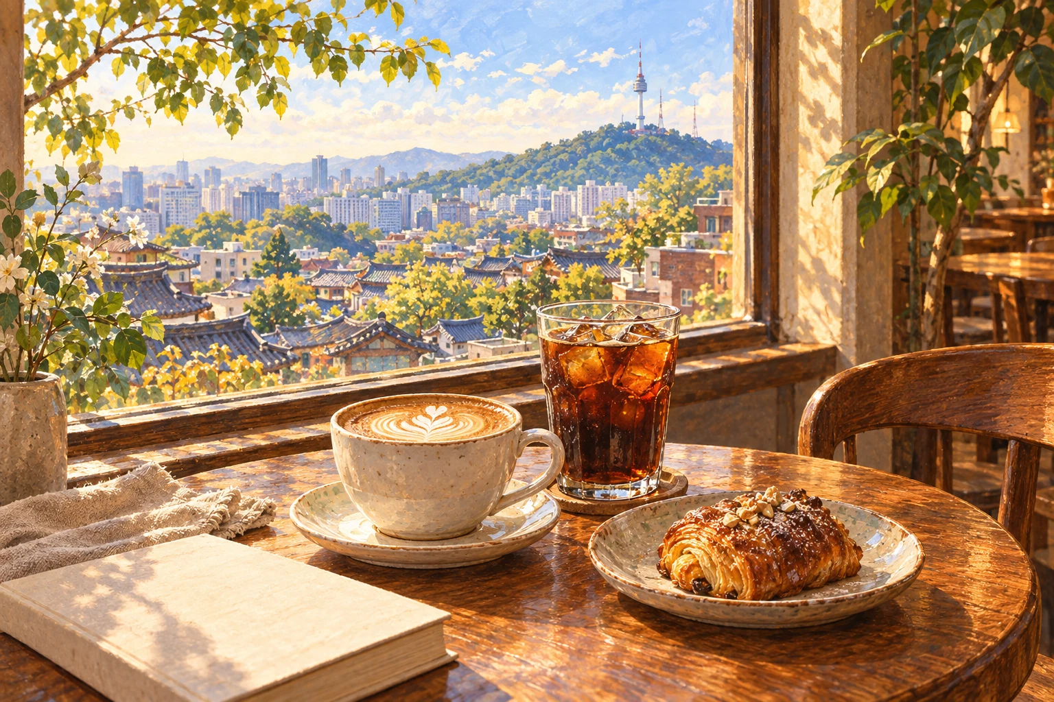 Painterly illustration of hot and iced coffee at a cafe window, with Namsan and N Seoul Tower beyond Seoul rooftops.